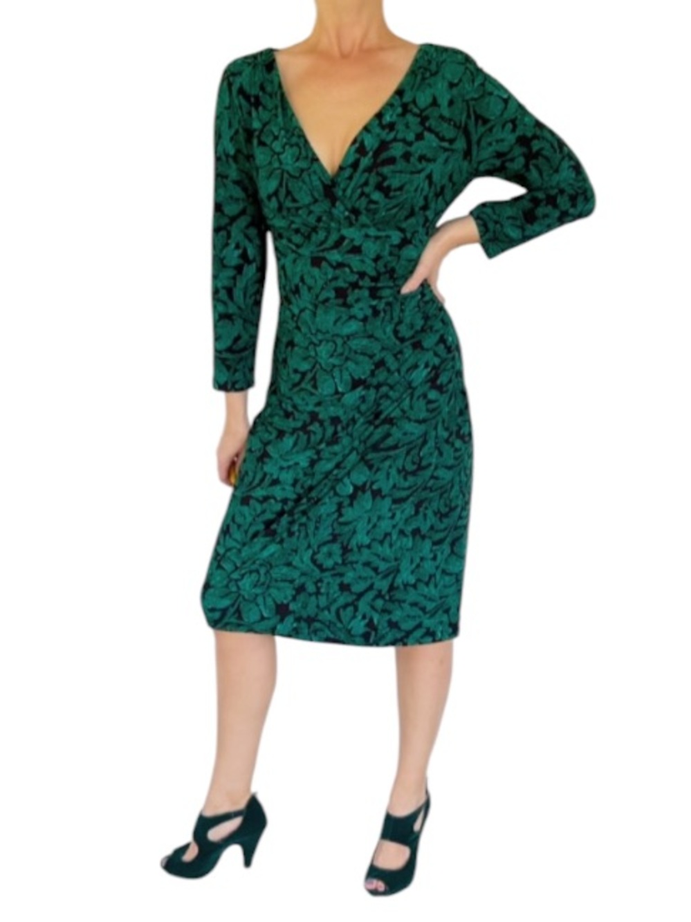 Lauren Ralph Lauren green black floral surplice v-neck long sleeve dress size 10
